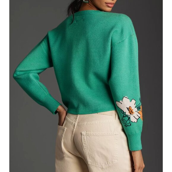 Anthropologie Maeve The Sonal Nathwani Camryn Cropped Crewneck Sweater Green XL - Picture 2 of 8